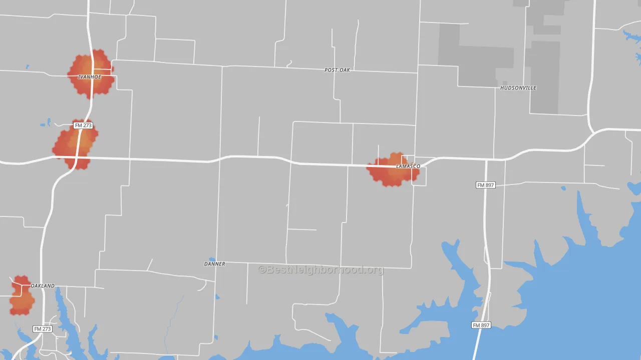 Walk Grade map of Lamasco, TX, walkable areas in green and car-dependent areas in red