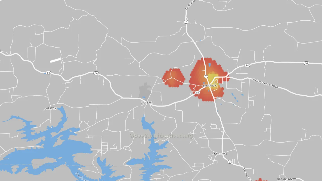Walk Grade map of Lambert, AR, walkable areas in green and car-dependent areas in red