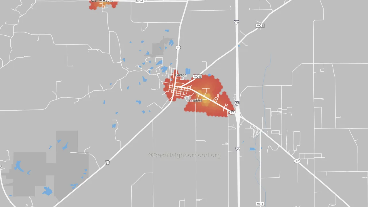 Walk Grade map of Lambert, MO, walkable areas in green and car-dependent areas in red