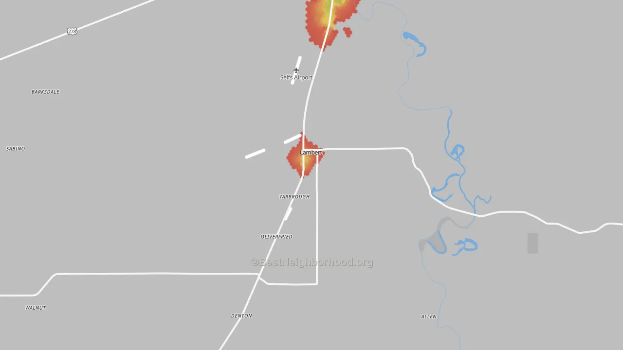 Walk Grade map of Lambert, MS, walkable areas in green and car-dependent areas in red