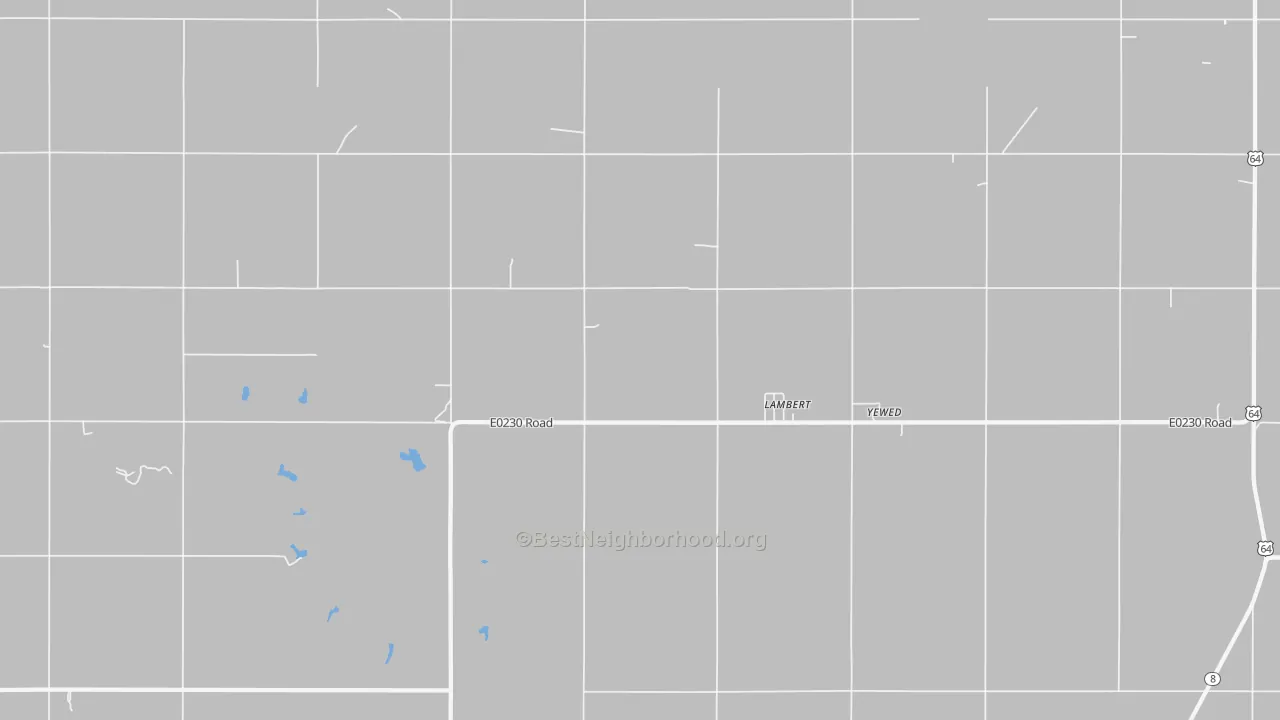 Walk Grade map of Lambert, OK, walkable areas in green and car-dependent areas in red