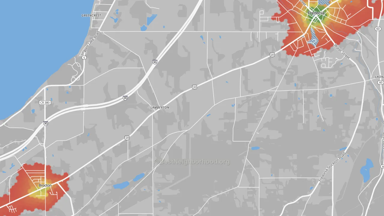 Walk Grade map of Lamberton, NY, walkable areas in green and car-dependent areas in red
