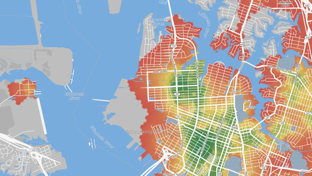 Walk Grade map of Lamberts Point, Norfolk, VA, walkable areas in green and car-dependent areas in red