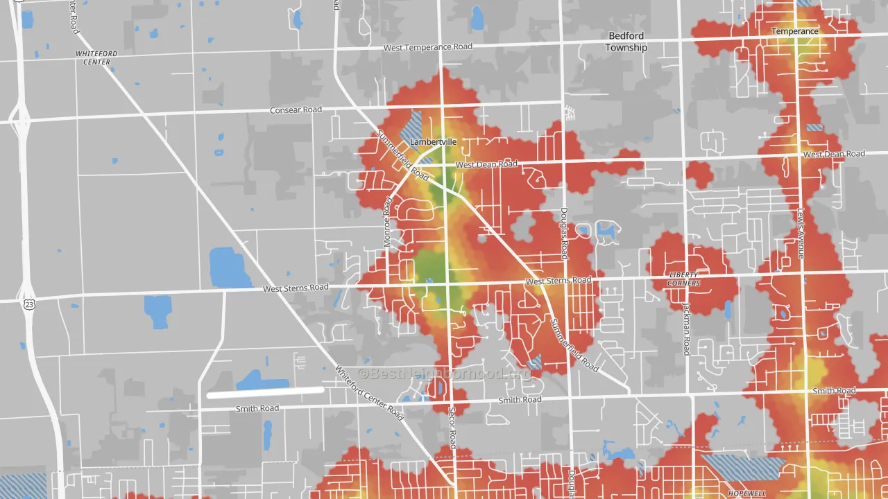Walk Grade map of Lambertville, MI, walkable areas in green and car-dependent areas in red