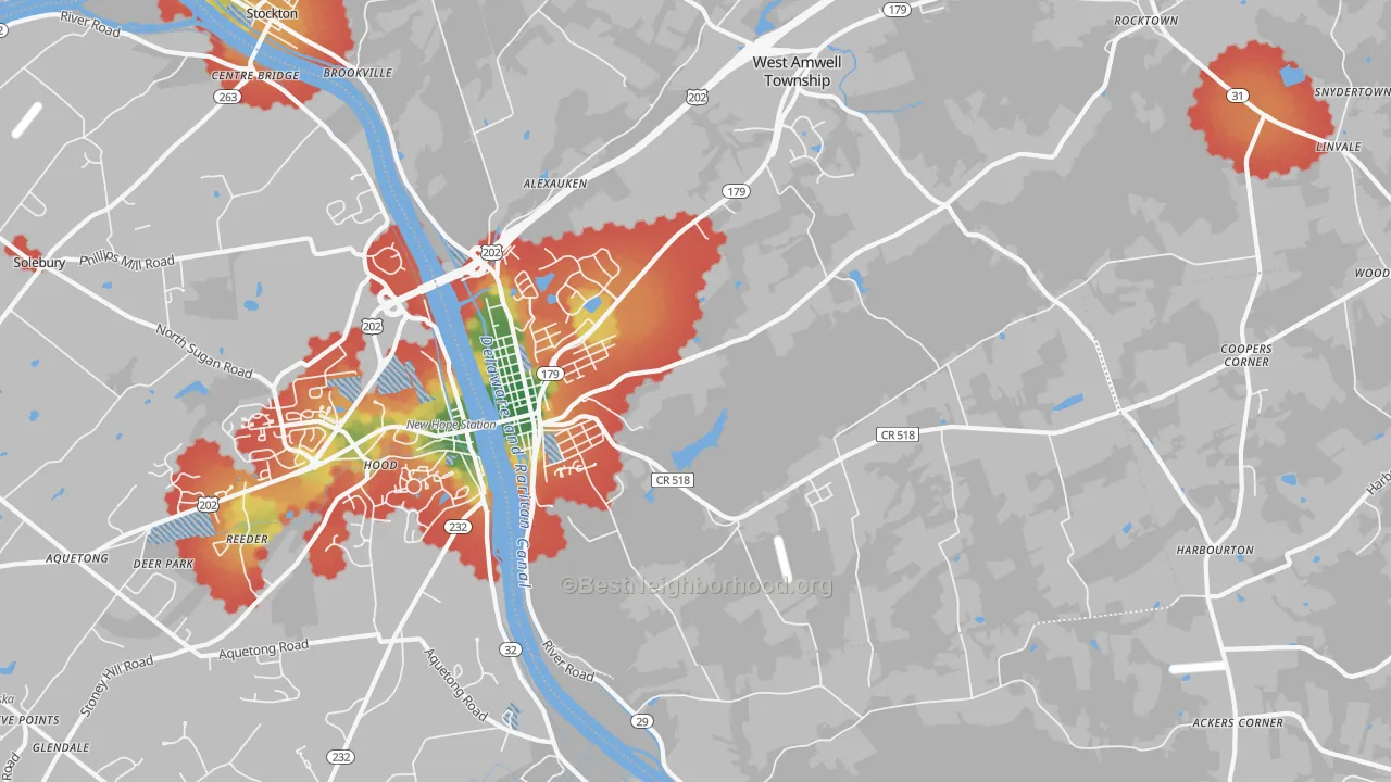 Walk Grade map of Lambertville, NJ, walkable areas in green and car-dependent areas in red