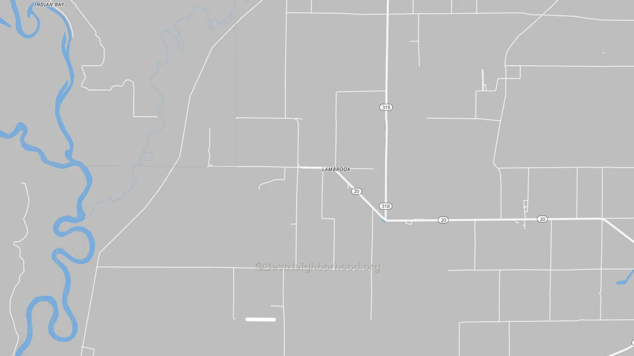 Walk Grade map of Lambrook, AR, walkable areas in green and car-dependent areas in red