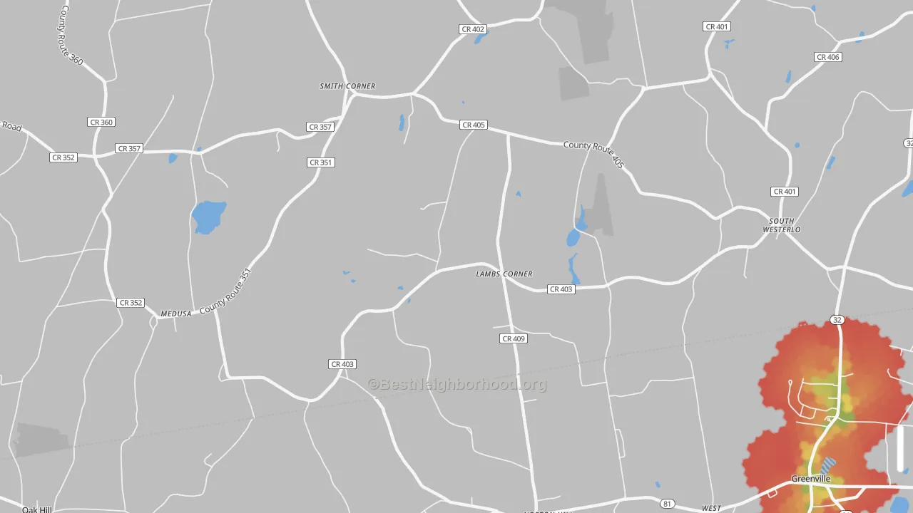 Walk Grade map of Lambs Corner, NY, walkable areas in green and car-dependent areas in red