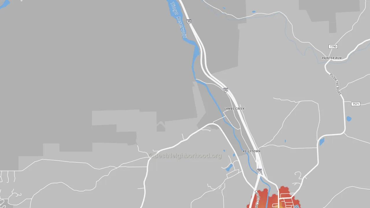 Walk Grade map of Lambs Creek, PA, walkable areas in green and car-dependent areas in red