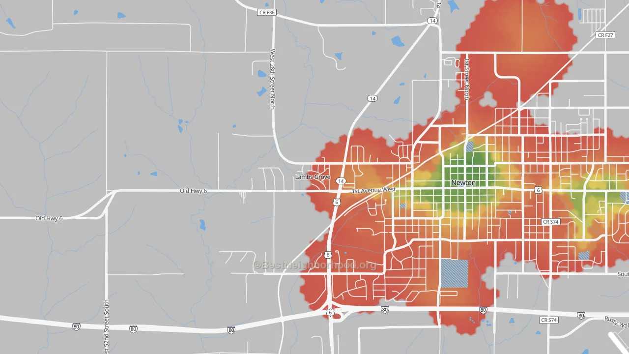 Walk Grade map of Lambs Grove, IA, walkable areas in green and car-dependent areas in red