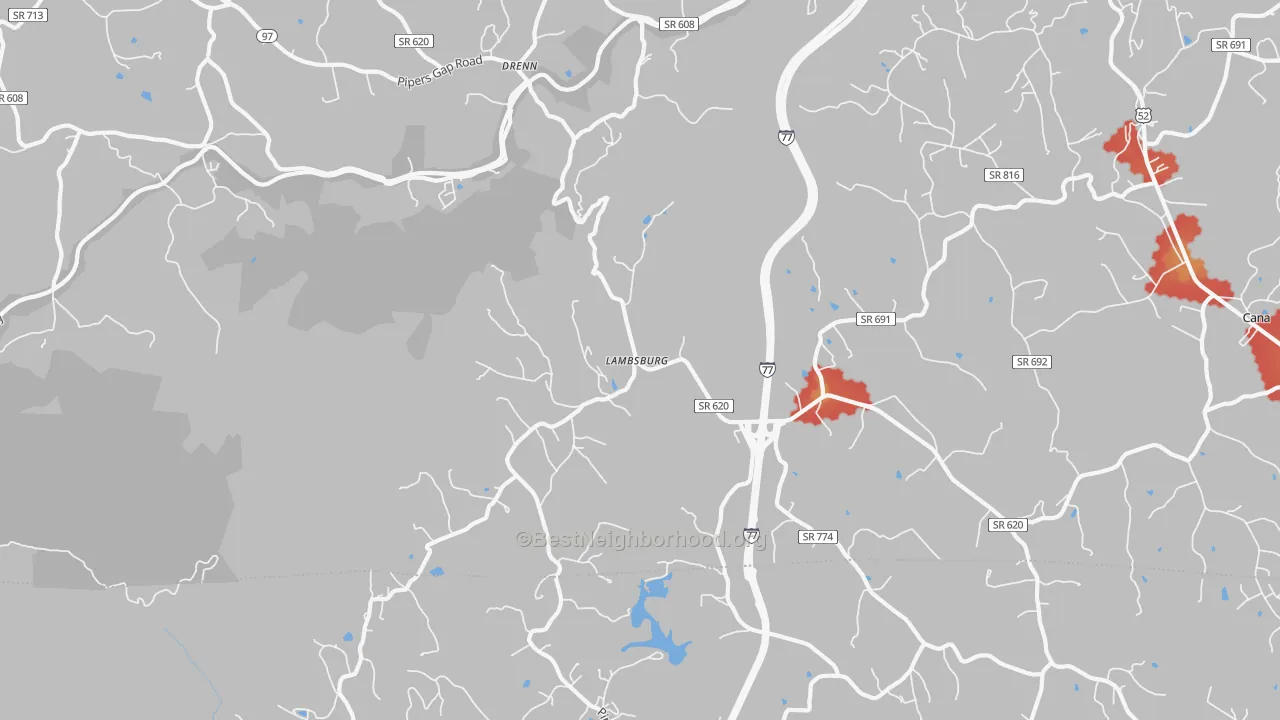 Walk Grade map of Lambsburg, VA, walkable areas in green and car-dependent areas in red
