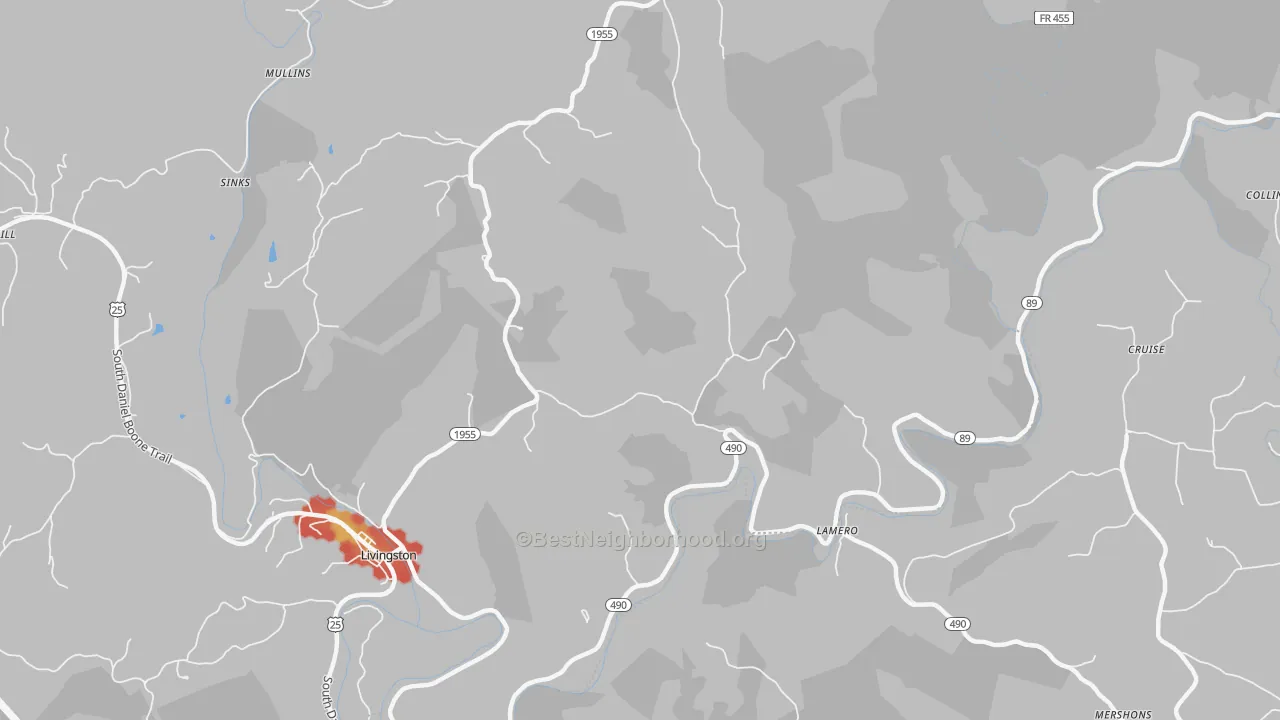 Walk Grade map of Lamero, KY, walkable areas in green and car-dependent areas in red
