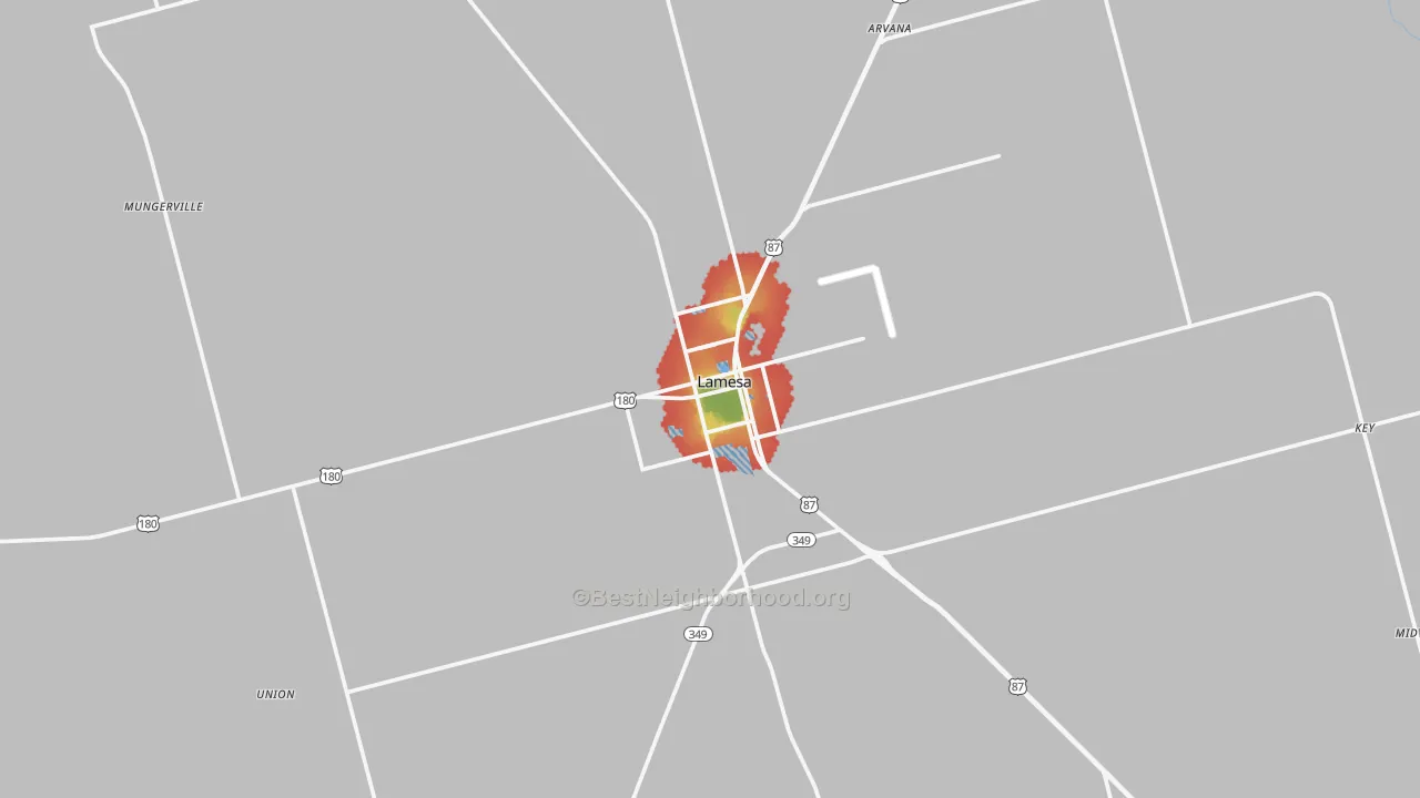 Walk Grade map of Lamesa, TX, walkable areas in green and car-dependent areas in red
