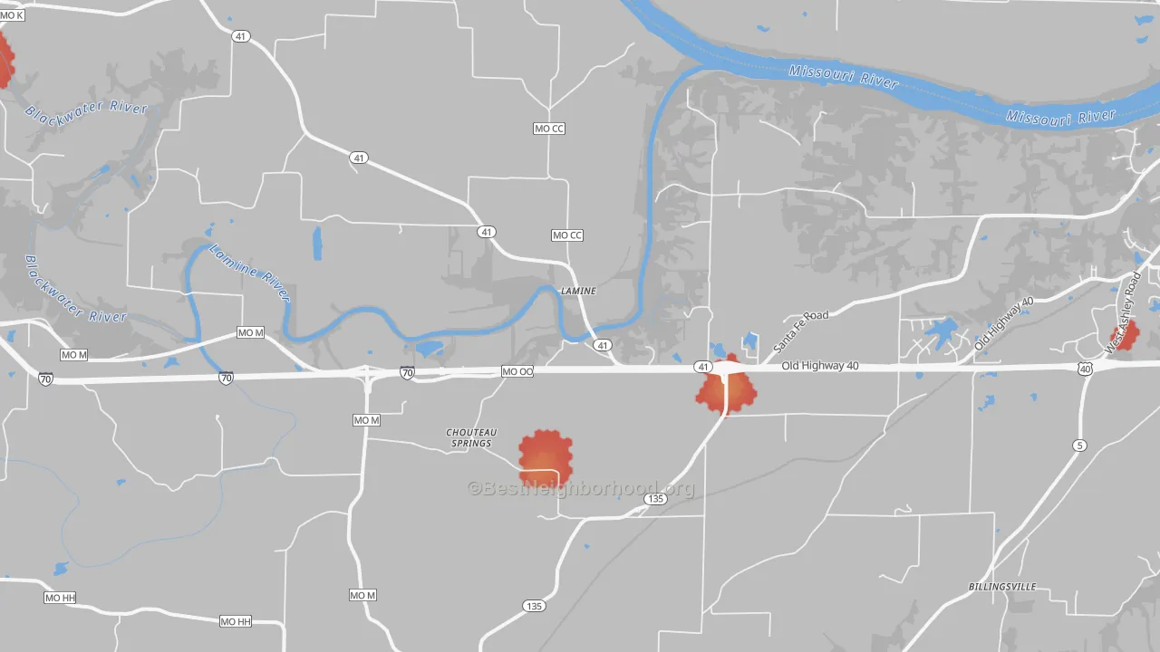 Walk Grade map of Lamine, MO, walkable areas in green and car-dependent areas in red