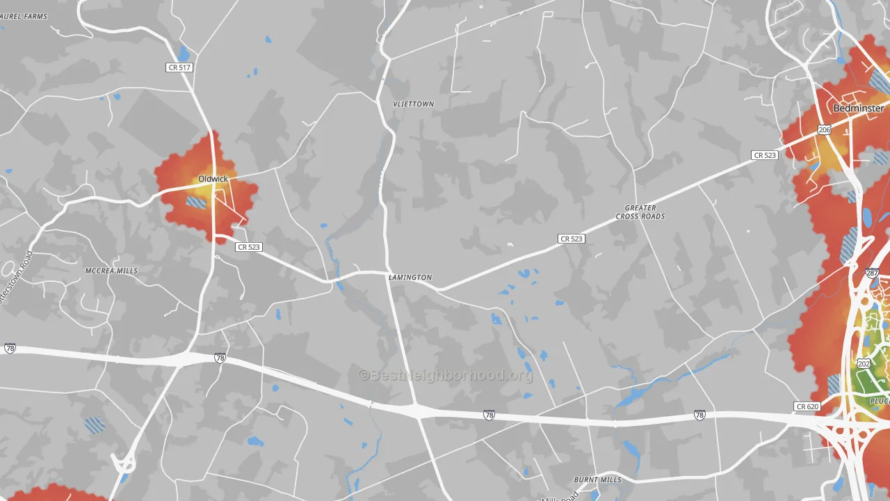 Walk Grade map of Lamington, NJ, walkable areas in green and car-dependent areas in red
