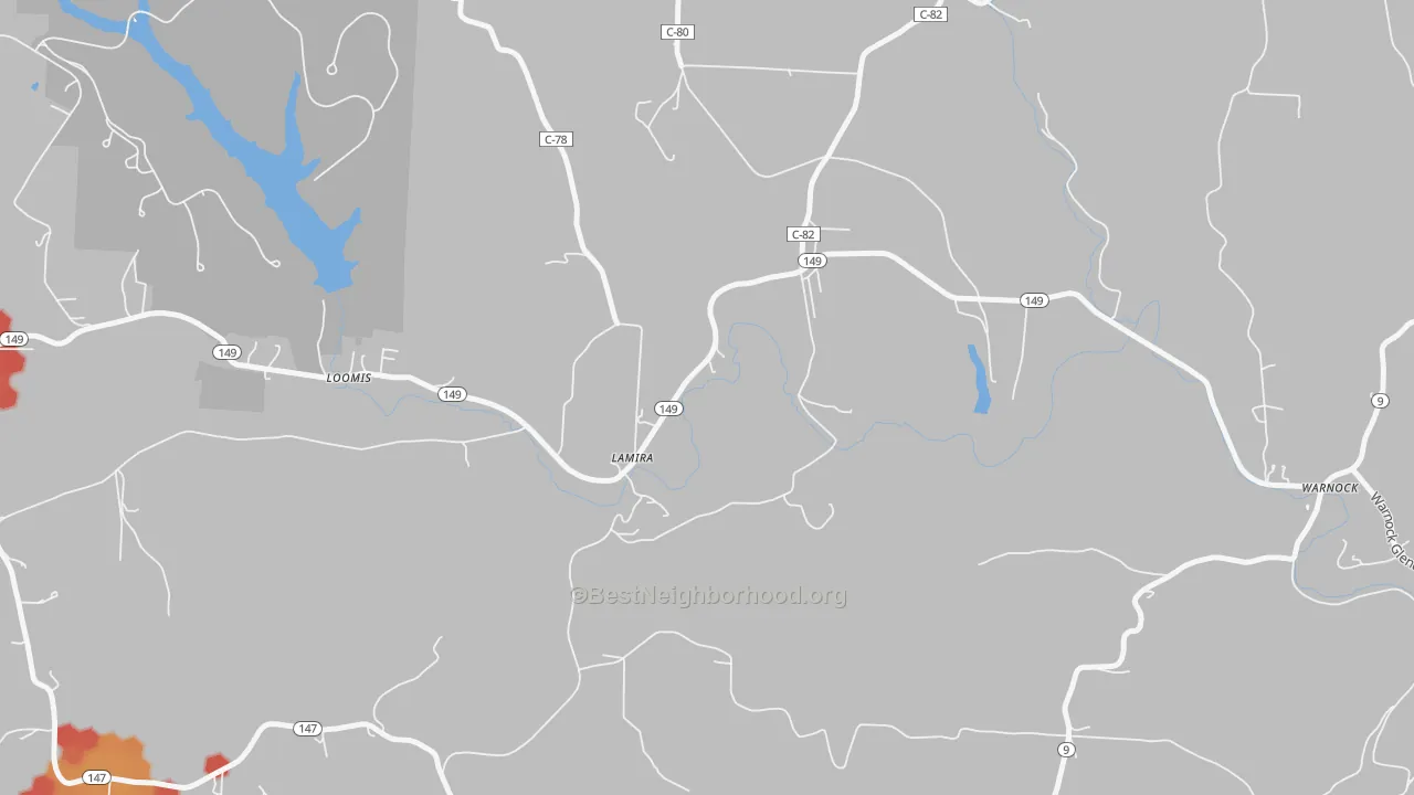 Walk Grade map of Lamira, OH, walkable areas in green and car-dependent areas in red
