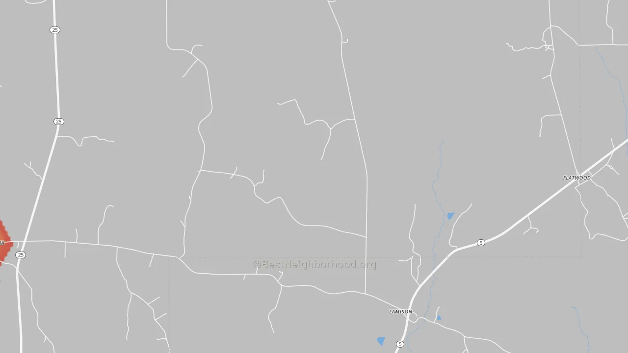 Walk Grade map of Lamison, AL, walkable areas in green and car-dependent areas in red