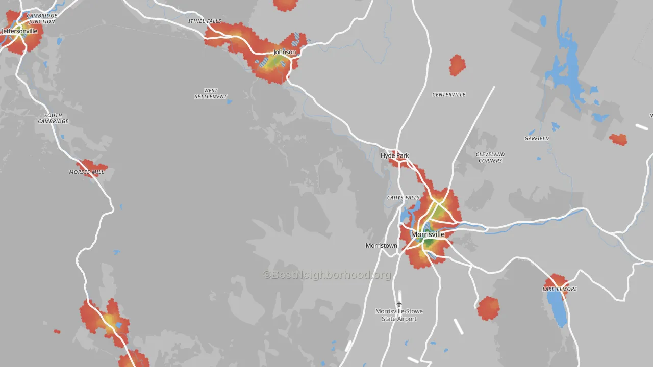 Walk Grade map of Lamoille County, VT, walkable areas in green and car-dependent areas in red