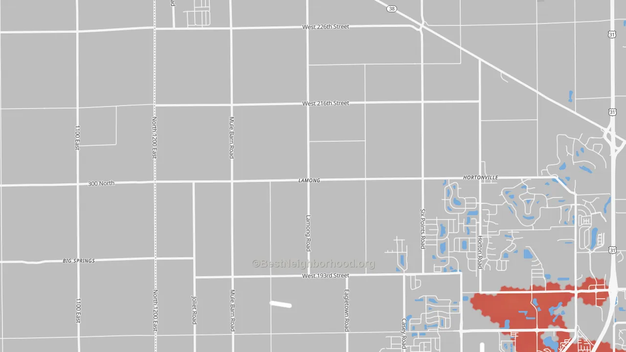 Walk Grade map of Lamong, IN, walkable areas in green and car-dependent areas in red