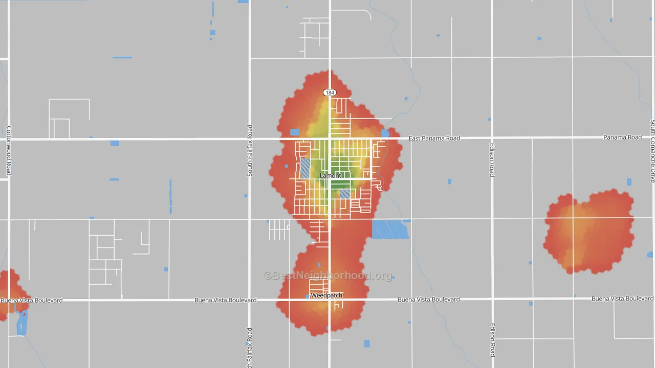 Walk Grade map of Lamont, CA, walkable areas in green and car-dependent areas in red