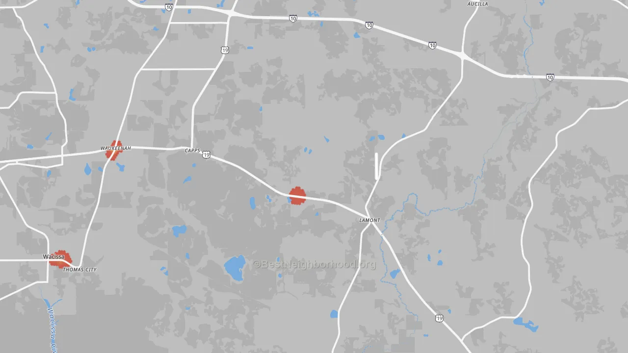 Walk Grade map of Lamont, FL, walkable areas in green and car-dependent areas in red
