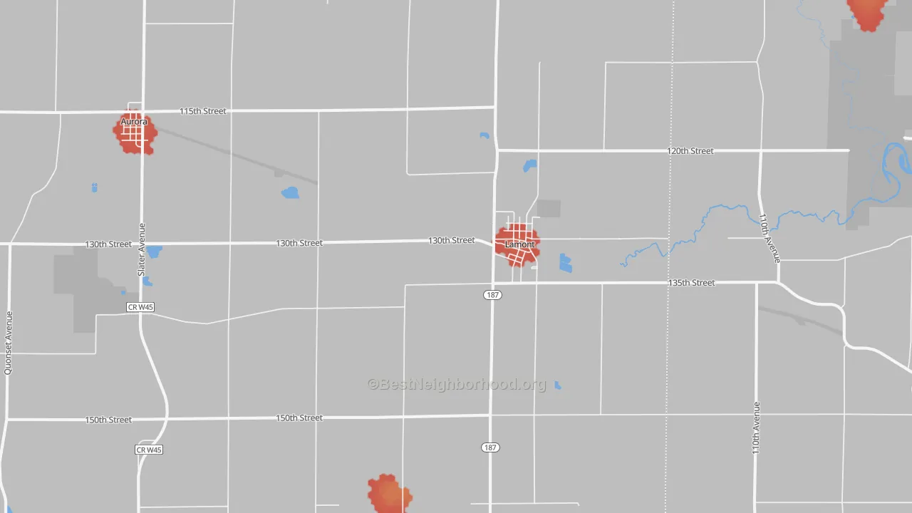Walk Grade map of Lamont, IA, walkable areas in green and car-dependent areas in red