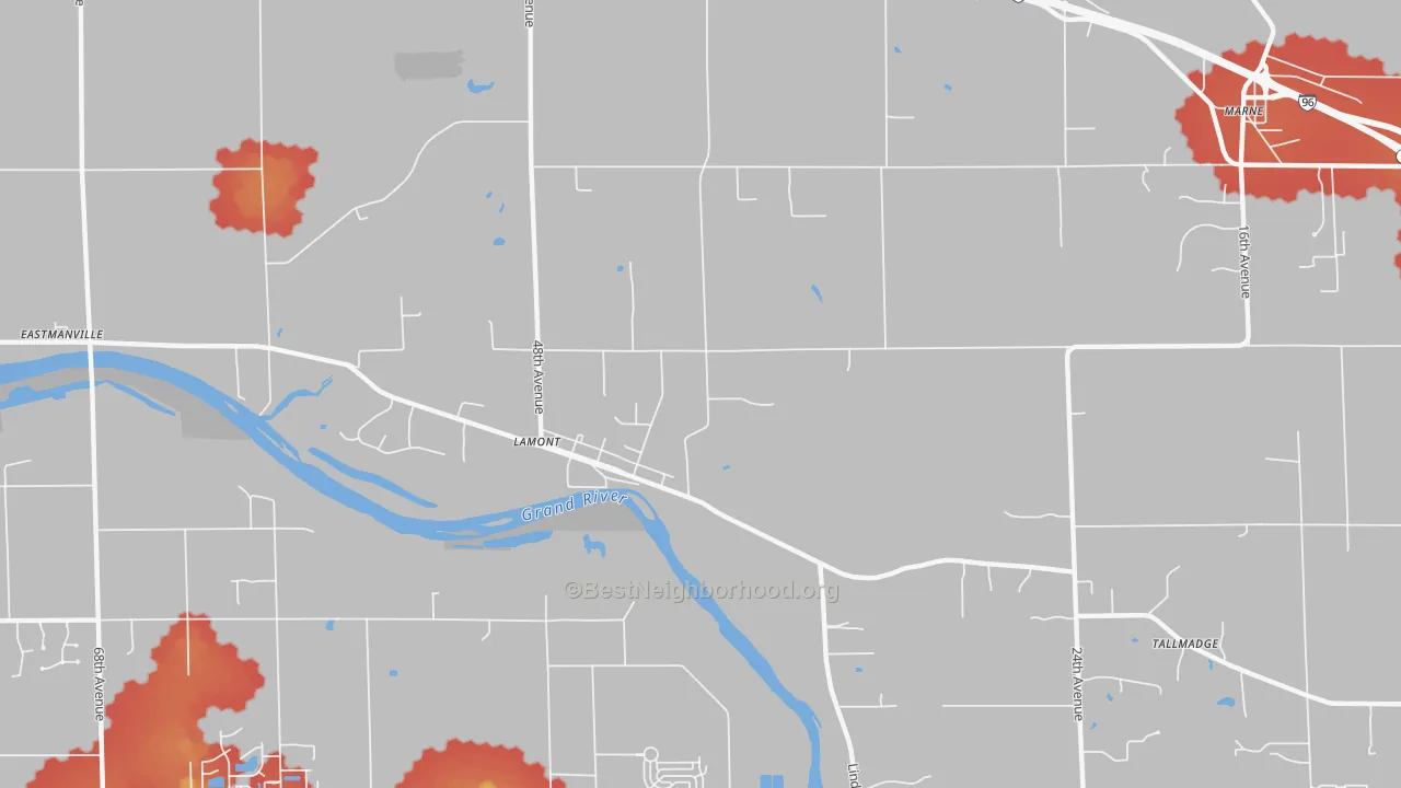 Walk Grade map of Lamont, MI, walkable areas in green and car-dependent areas in red