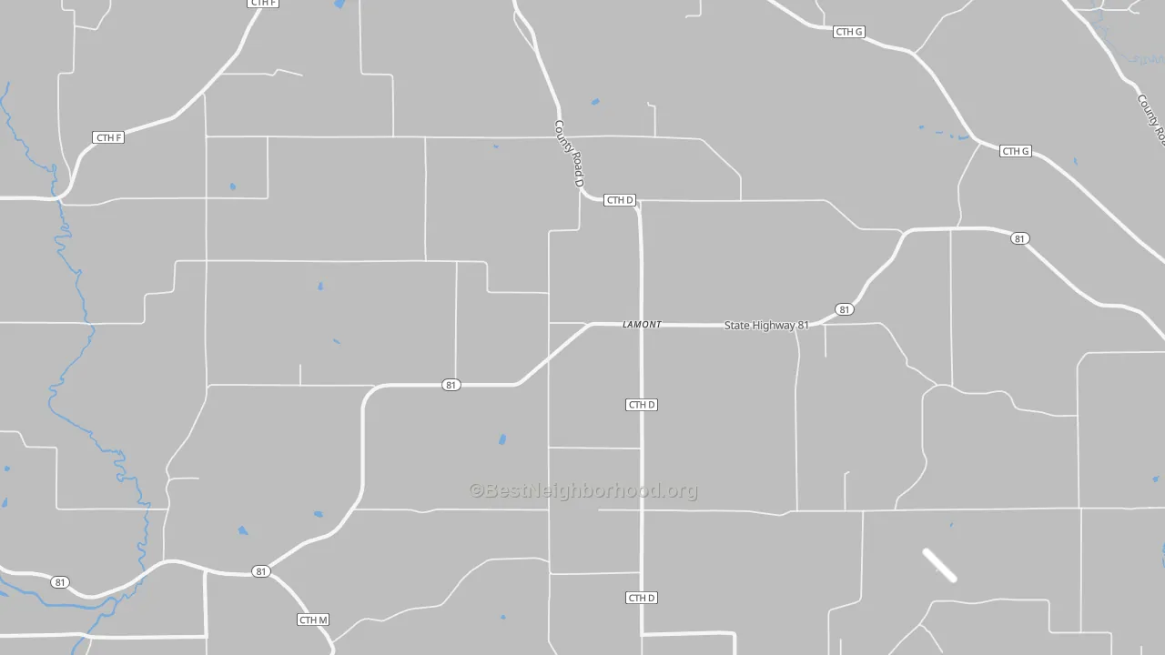 Walk Grade map of Lamont, WI, walkable areas in green and car-dependent areas in red