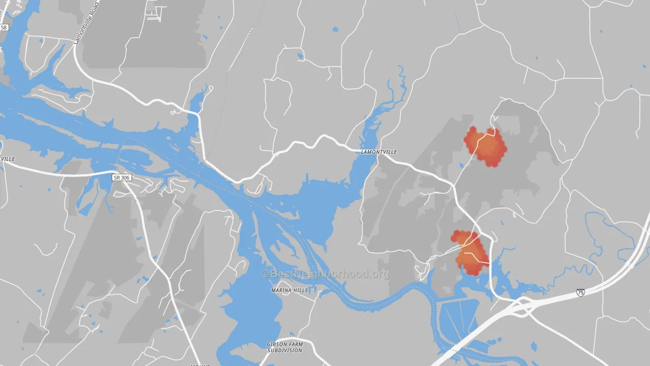 Walk Grade map of Lamontville, TN, walkable areas in green and car-dependent areas in red