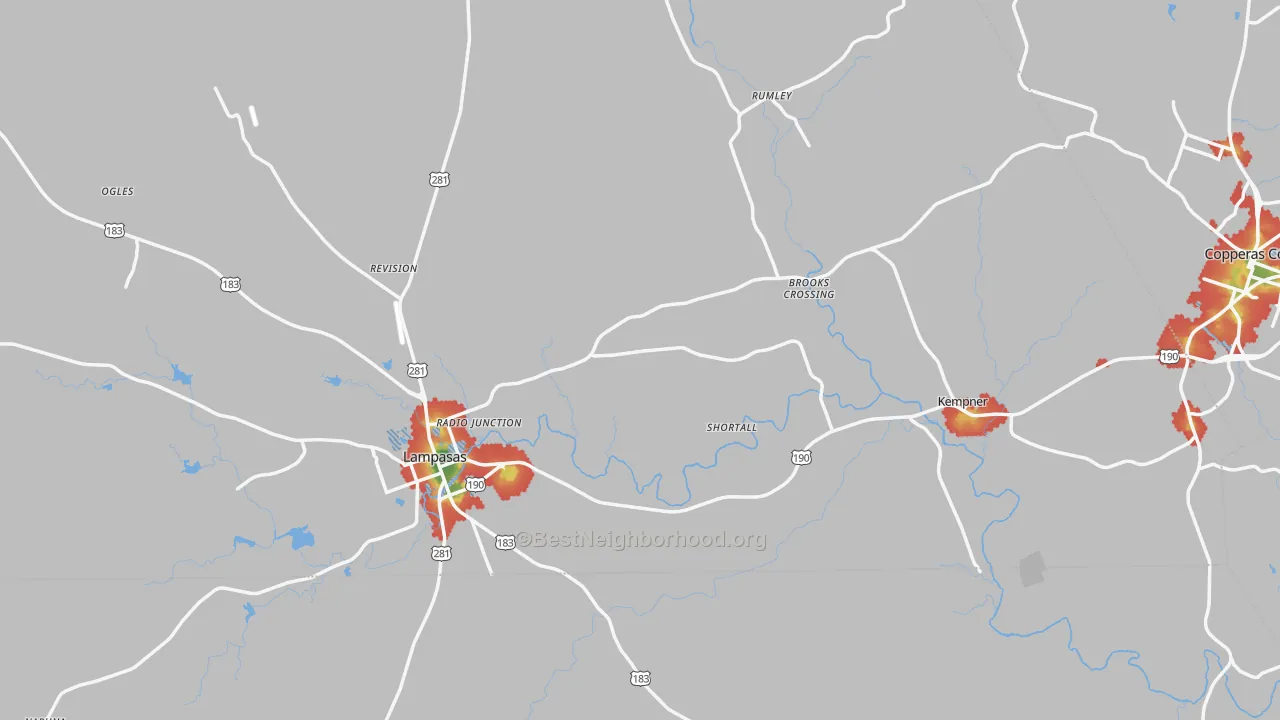 Walk Grade map of Lampasas County, TX, walkable areas in green and car-dependent areas in red