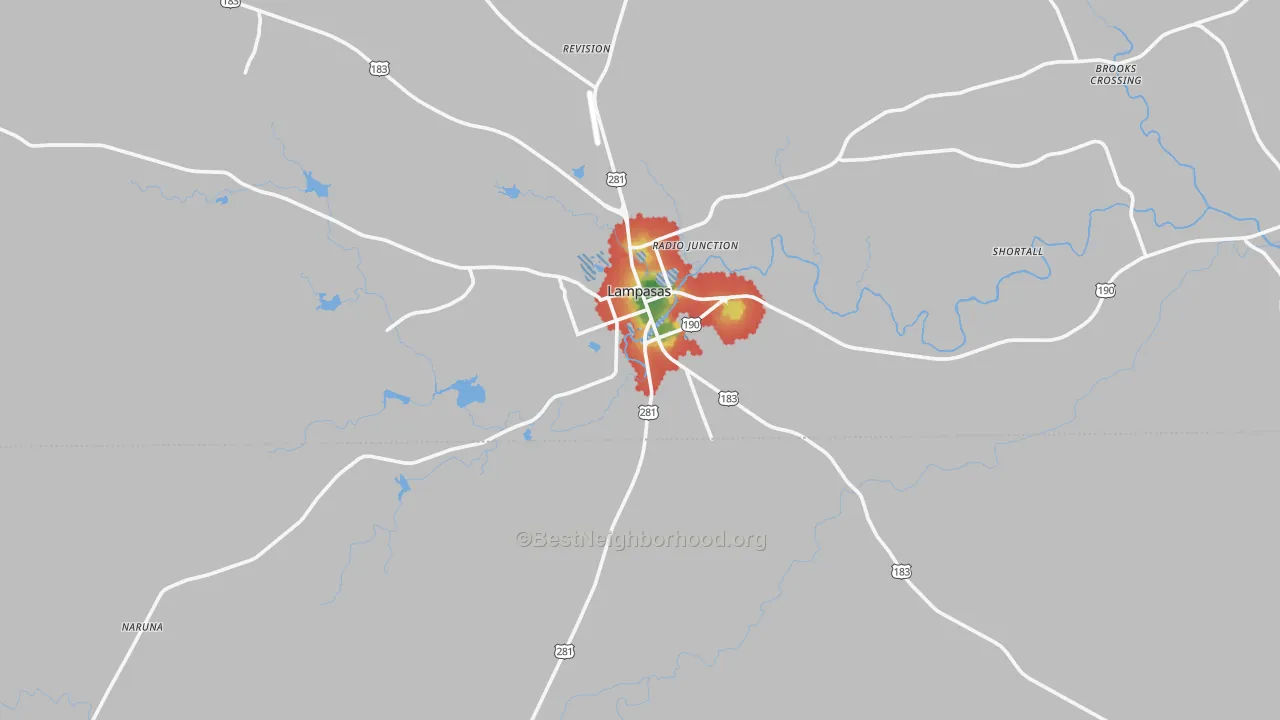 Walk Grade map of Lampasas, TX, walkable areas in green and car-dependent areas in red