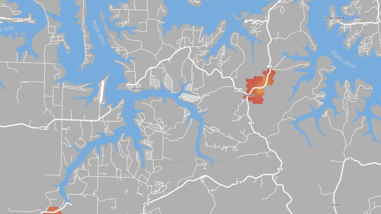 Walk Grade map of Lampe, MO, walkable areas in green and car-dependent areas in red