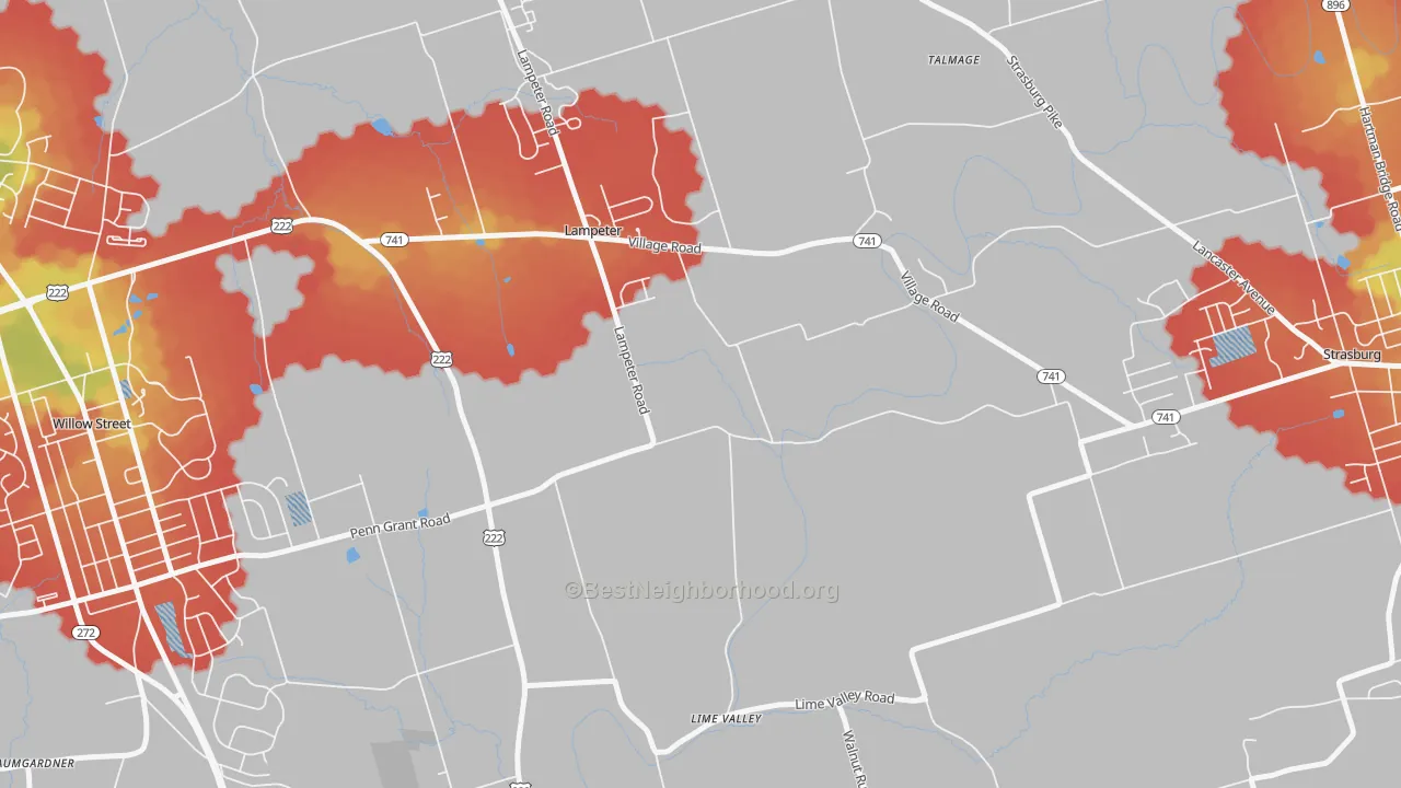 Walk Grade map of Lampeter, PA, walkable areas in green and car-dependent areas in red