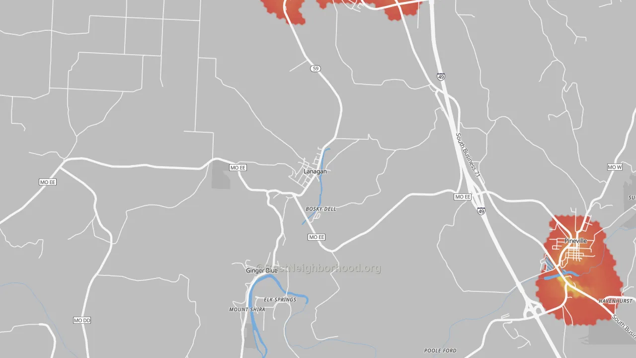 Walk Grade map of Lanagan, MO, walkable areas in green and car-dependent areas in red