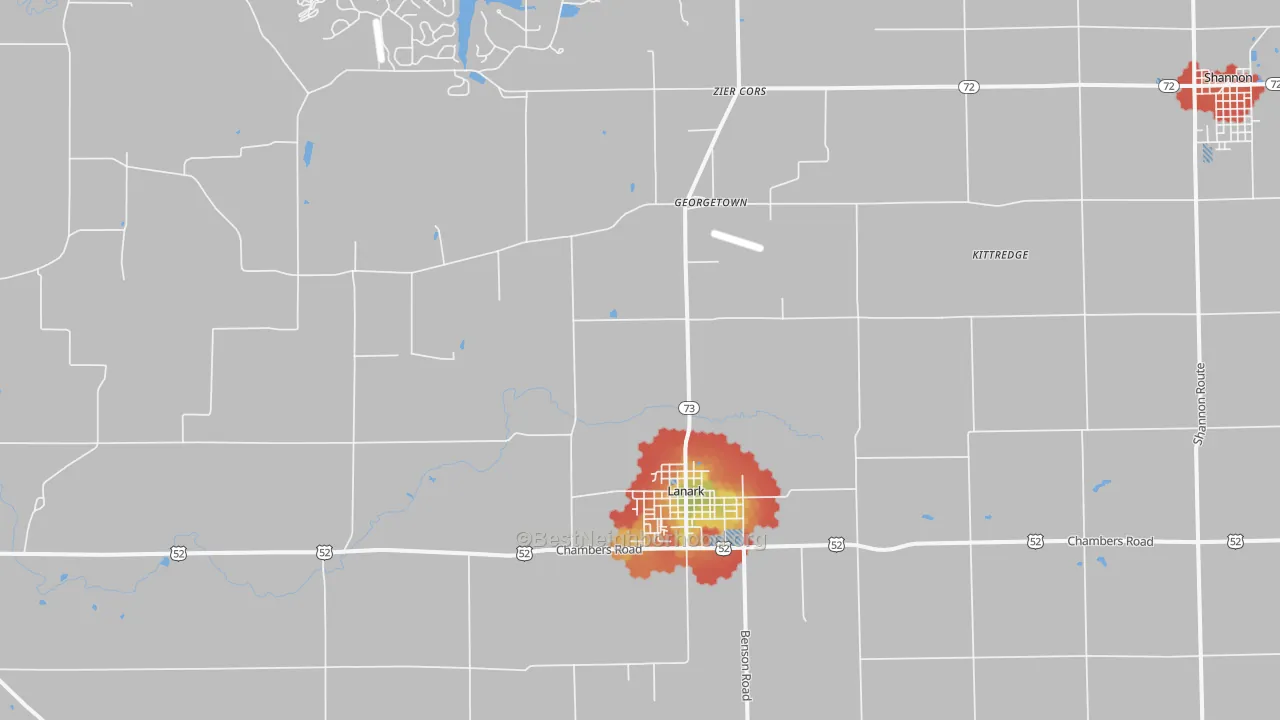 Walk Grade map of Lanark, IL, walkable areas in green and car-dependent areas in red
