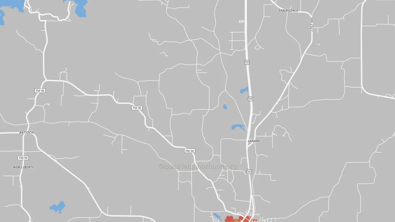Walk Grade map of Lanark, TX, walkable areas in green and car-dependent areas in red