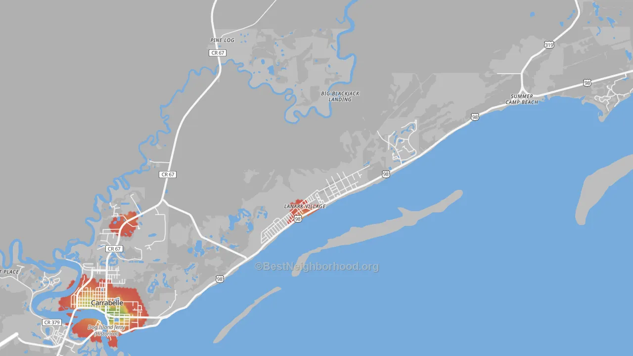 Walk Grade map of Lanark Village, FL, walkable areas in green and car-dependent areas in red