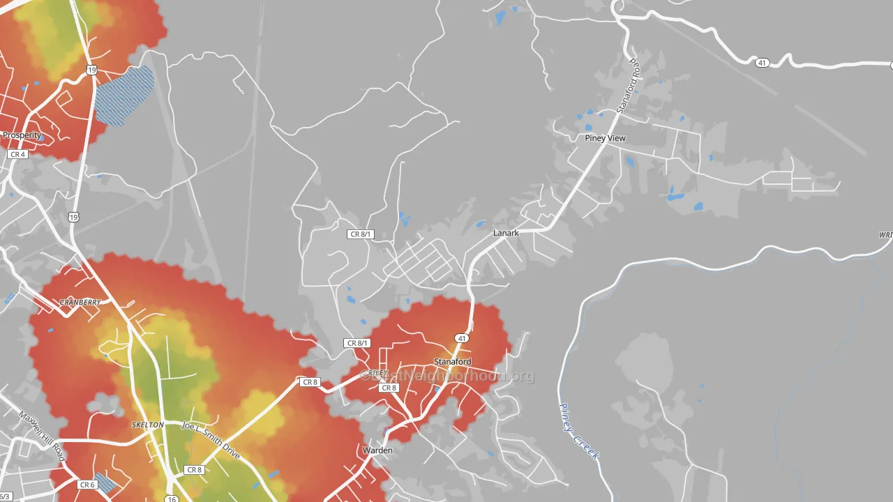 Walk Grade map of Lanark, WV, walkable areas in green and car-dependent areas in red