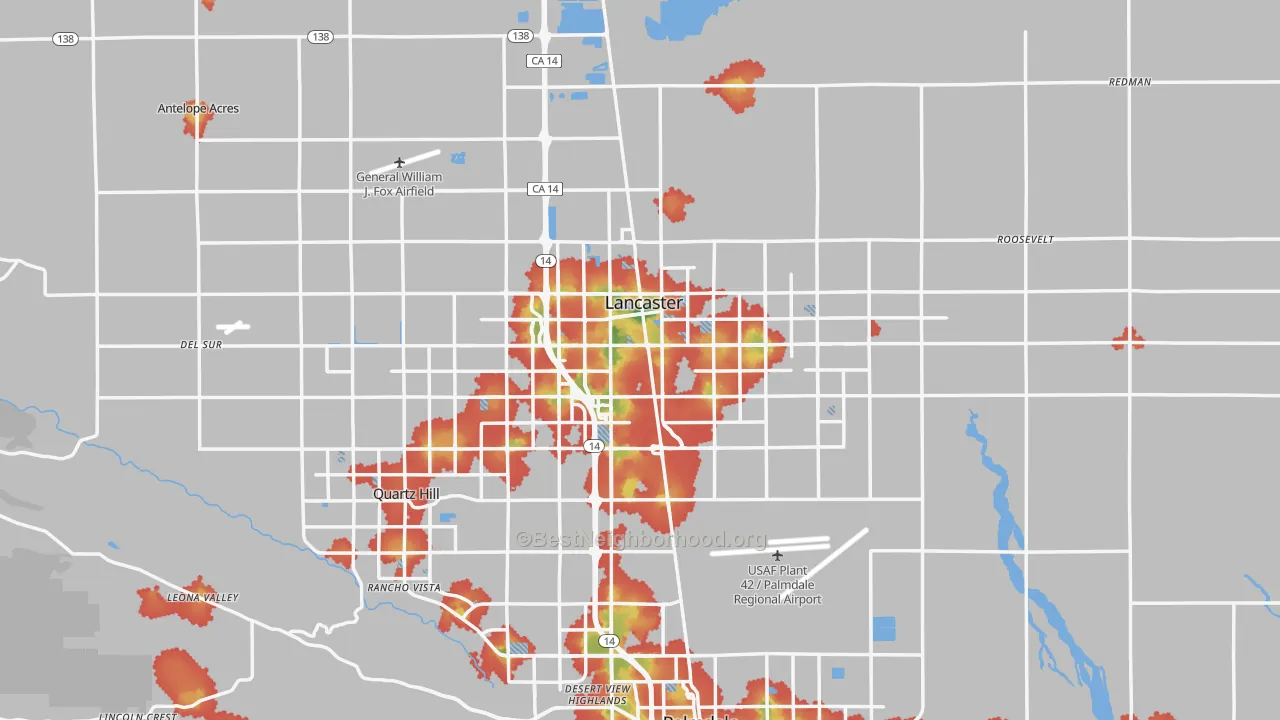 Walk Grade map of Lancaster, CA, walkable areas in green and car-dependent areas in red