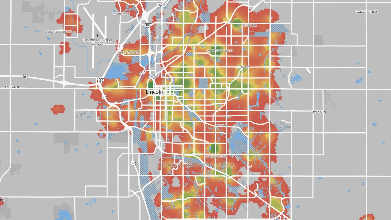 Walk Grade map of Lancaster County, NE, walkable areas in green and car-dependent areas in red