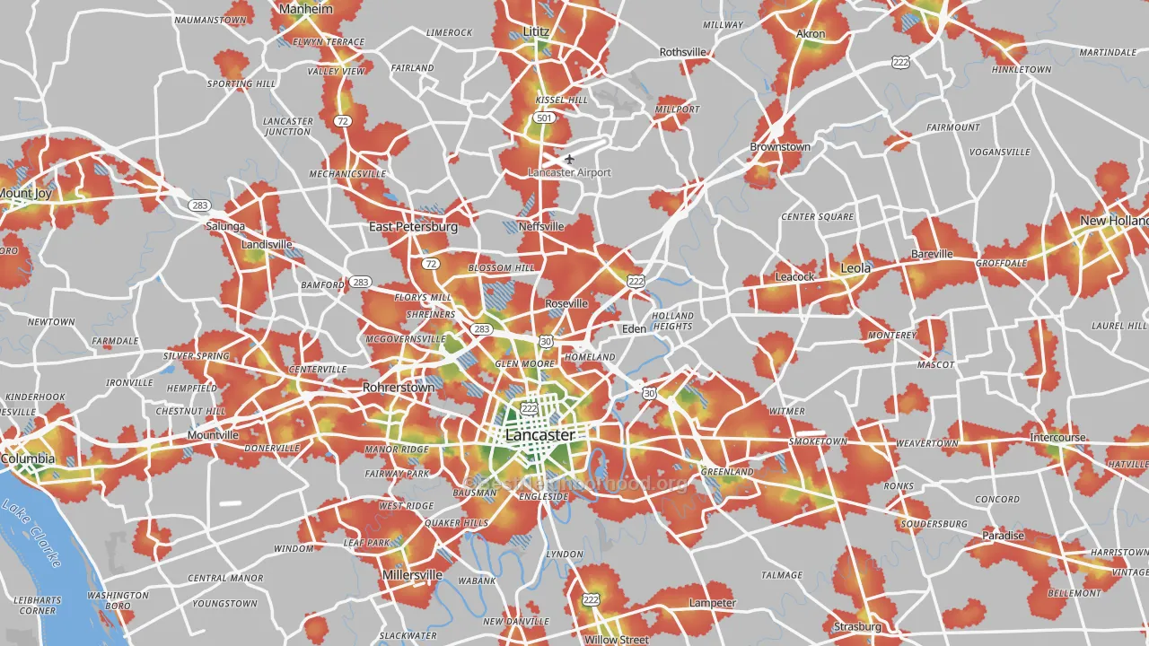 Walk Grade map of Lancaster County, PA, walkable areas in green and car-dependent areas in red