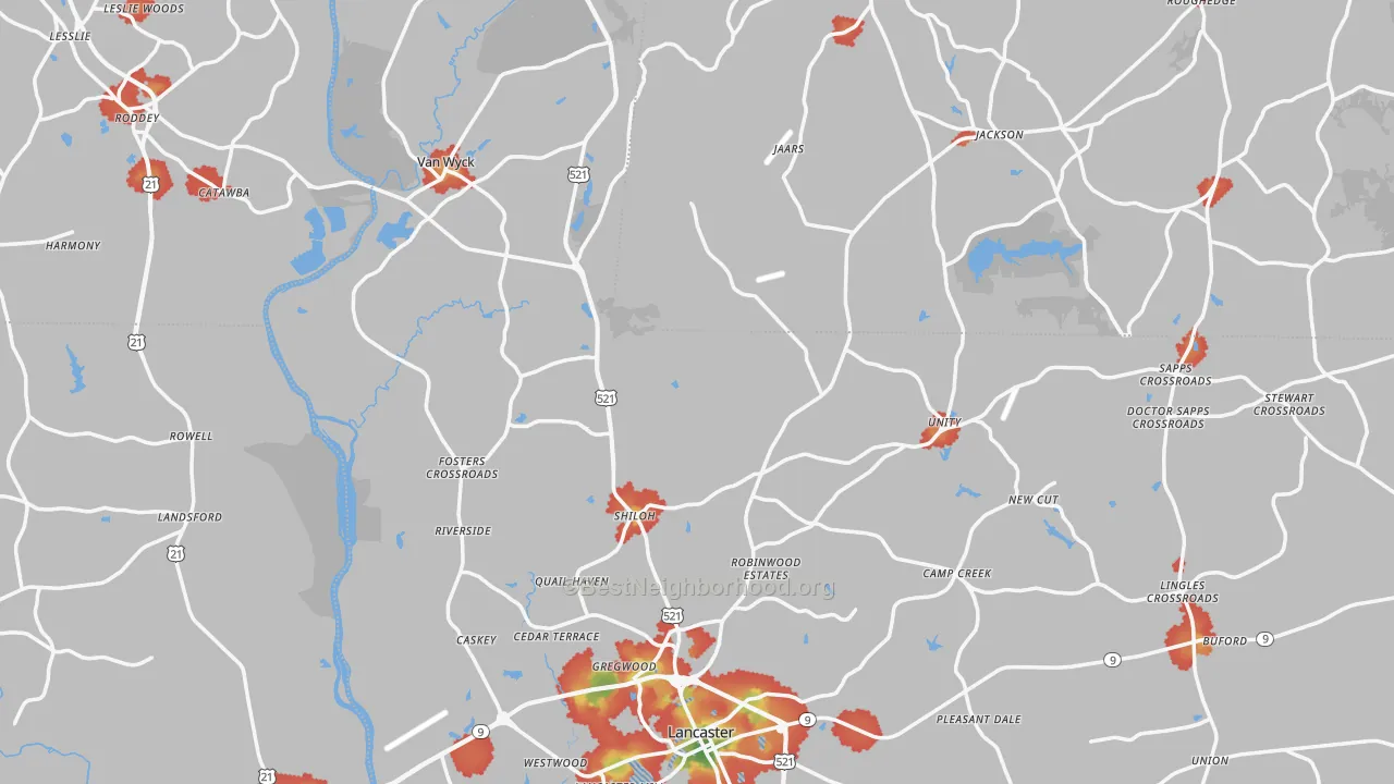 Walk Grade map of Lancaster County, SC, walkable areas in green and car-dependent areas in red