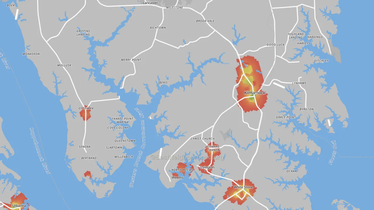 Walk Grade map of Lancaster County, VA, walkable areas in green and car-dependent areas in red