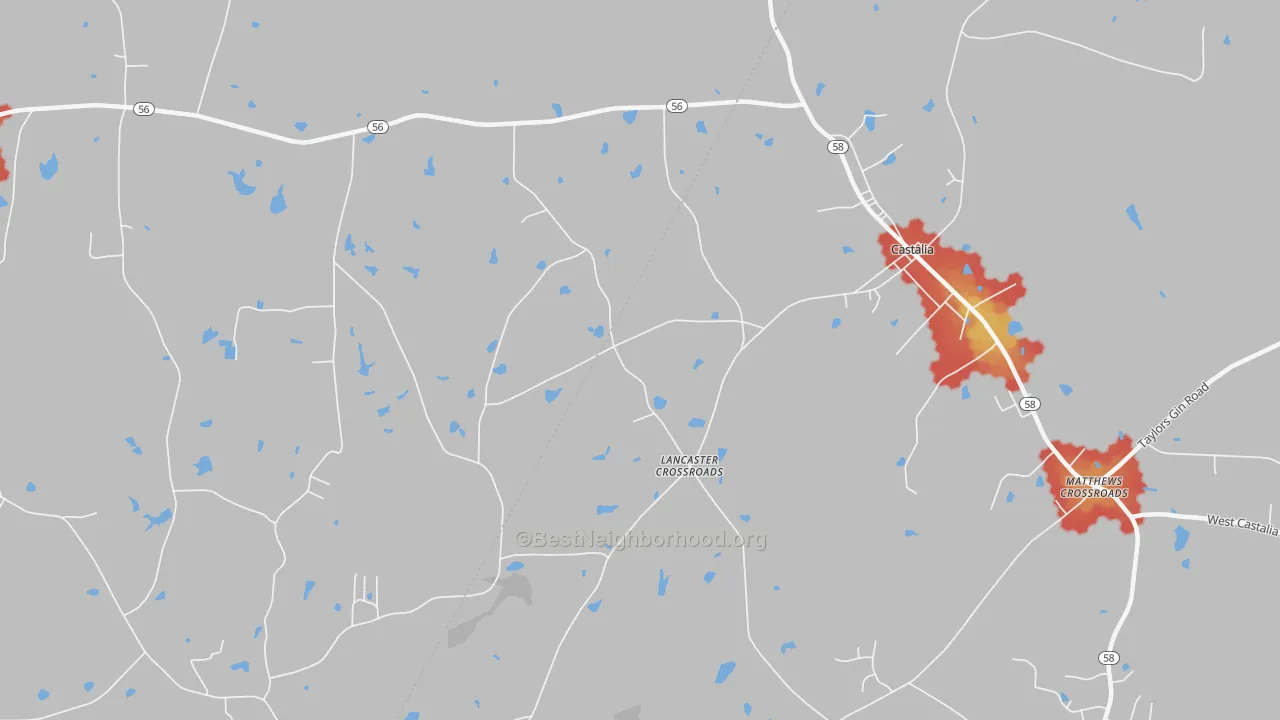 Walk Grade map of Lancaster Crossroads, NC, walkable areas in green and car-dependent areas in red