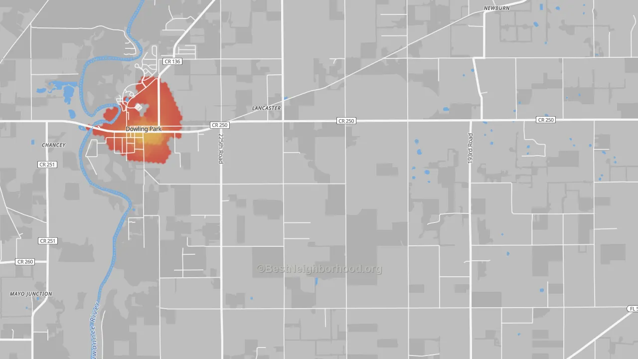 Walk Grade map of Lancaster, FL, walkable areas in green and car-dependent areas in red
