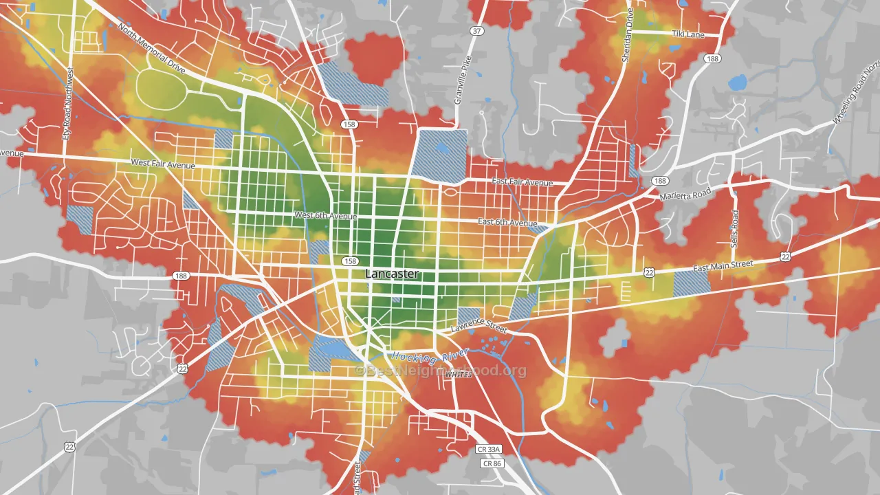 Walk Grade map of Lancaster Historic District, Lancaster, OH, walkable areas in green and car-dependent areas in red