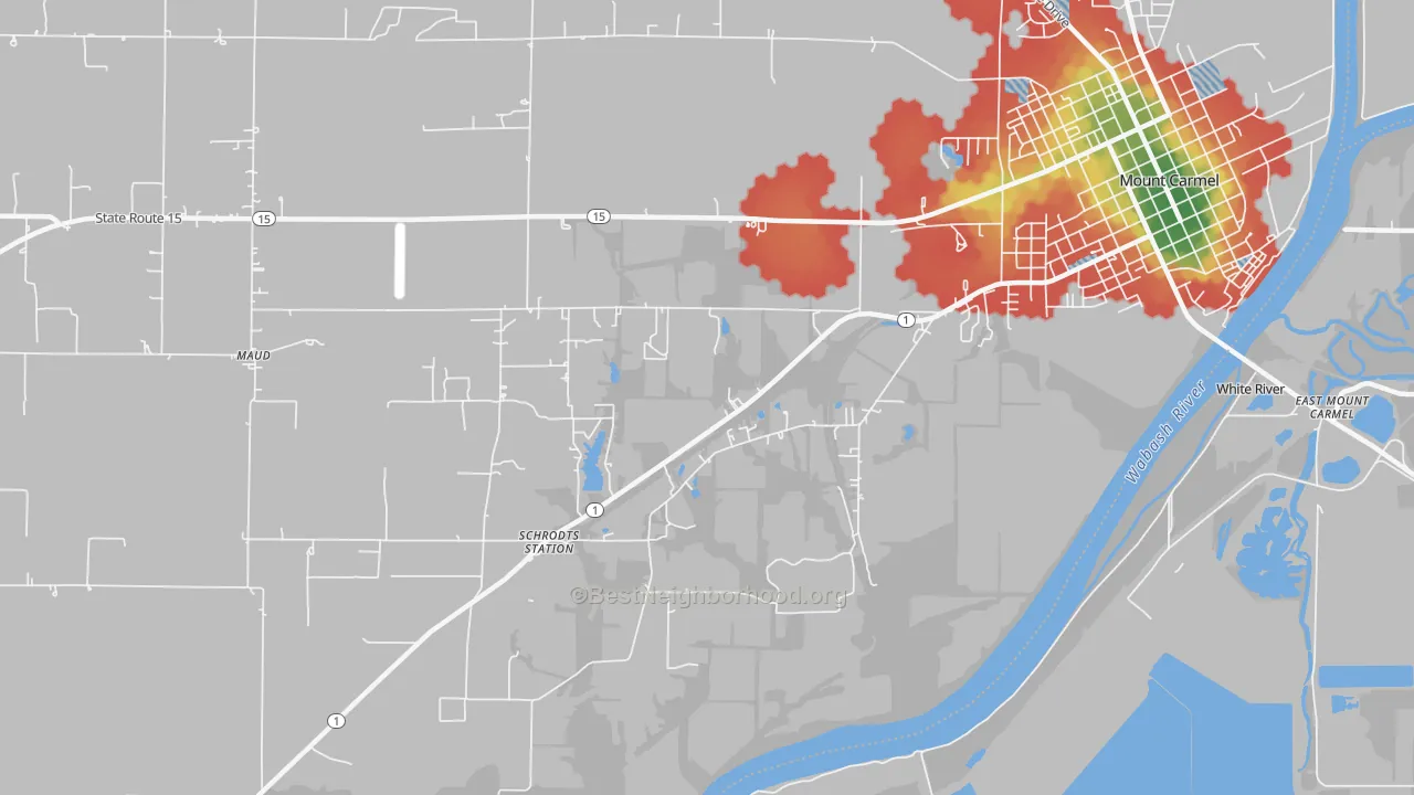 Walk Grade map of Lancaster, IL, walkable areas in green and car-dependent areas in red