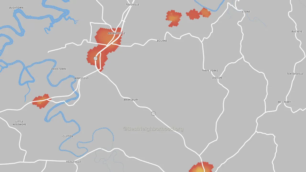 Walk Grade map of Lancaster, KY, walkable areas in green and car-dependent areas in red