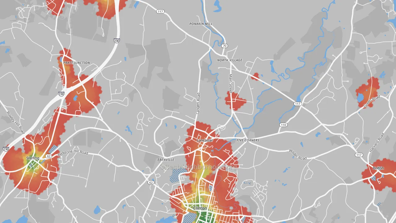 Walk Grade map of Lancaster, MA, walkable areas in green and car-dependent areas in red