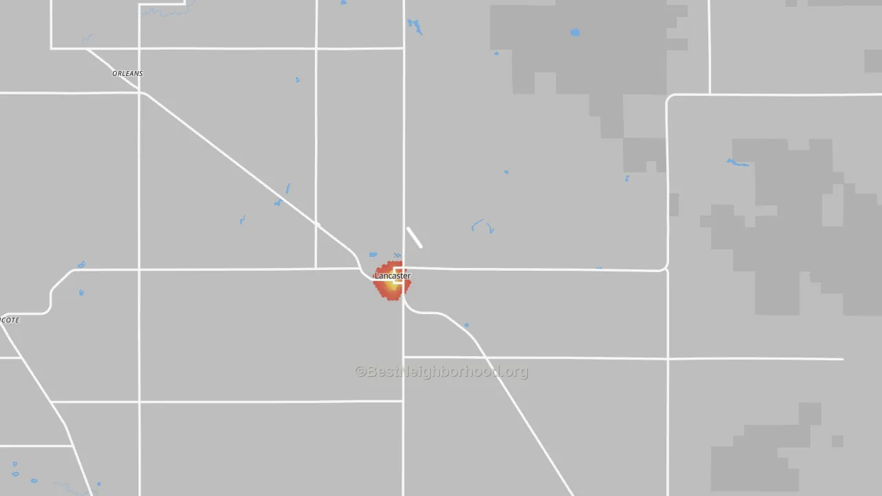 Walk Grade map of Lancaster, MN, walkable areas in green and car-dependent areas in red