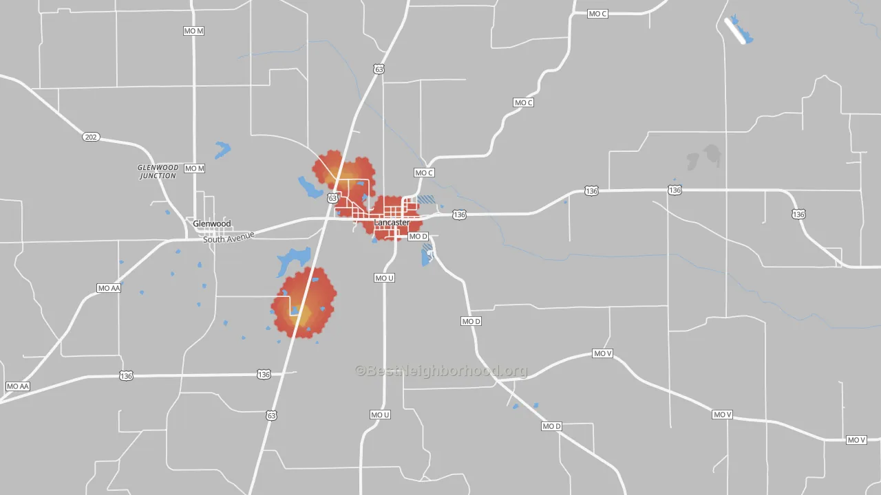 Walk Grade map of Lancaster, MO, walkable areas in green and car-dependent areas in red